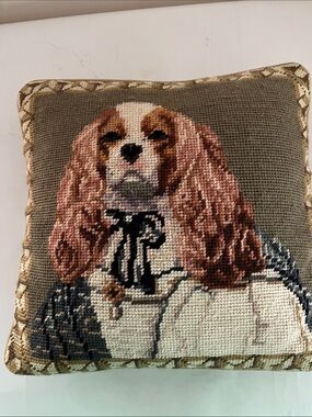 Decorative King Charles Spaniel Needlepoint Pillow -12x 12 inches